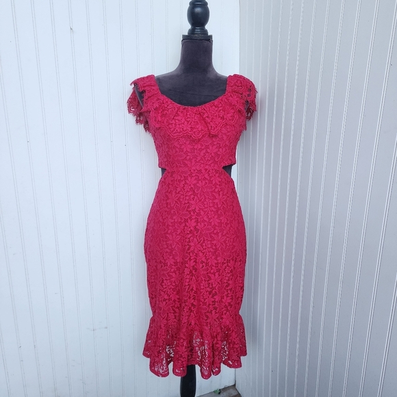 Express Lace Side Cutout Ruffle Dress  Gorgeous Hot Pink Women's Off Shoulders S - Picture 3 of 16